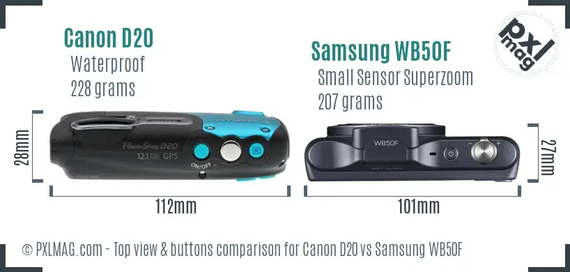 Canon D20 vs Samsung WB50F top view buttons comparison Canon D20 vs Samsung WB50F top view buttons comparison