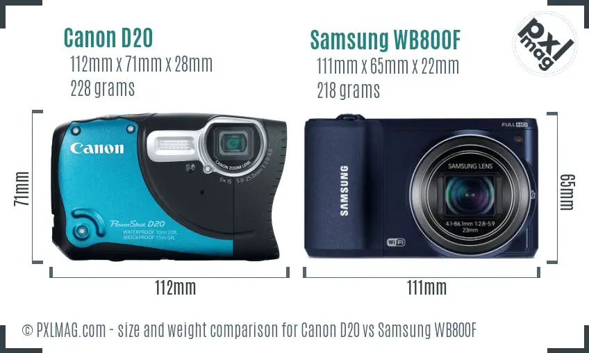 Canon D20 vs Samsung WB800F size comparison