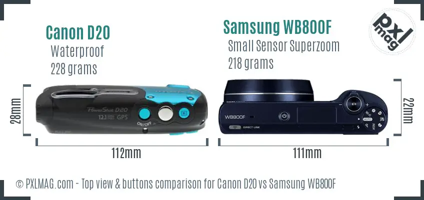 Canon D20 vs Samsung WB800F top view buttons comparison