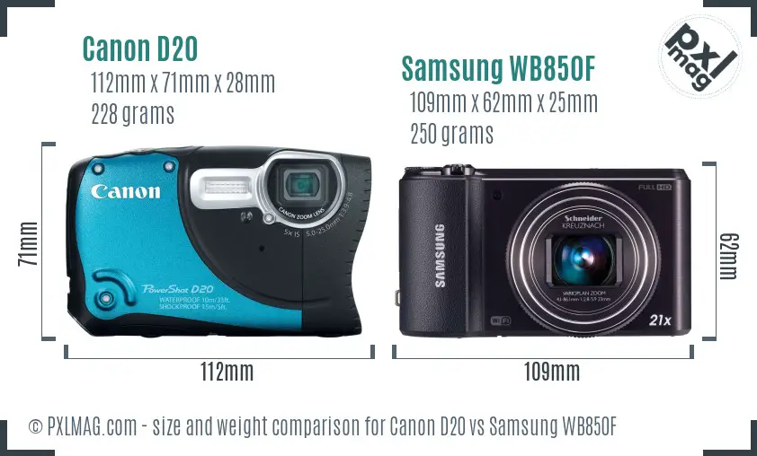 Canon D20 vs Samsung WB850F size comparison Canon D20 vs Samsung WB850F size comparison