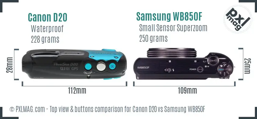 Canon D20 vs Samsung WB850F top view buttons comparison Canon D20 vs Samsung WB850F top view buttons comparison