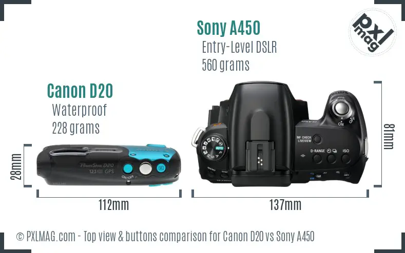Canon D20 vs Sony A450 top view buttons comparison