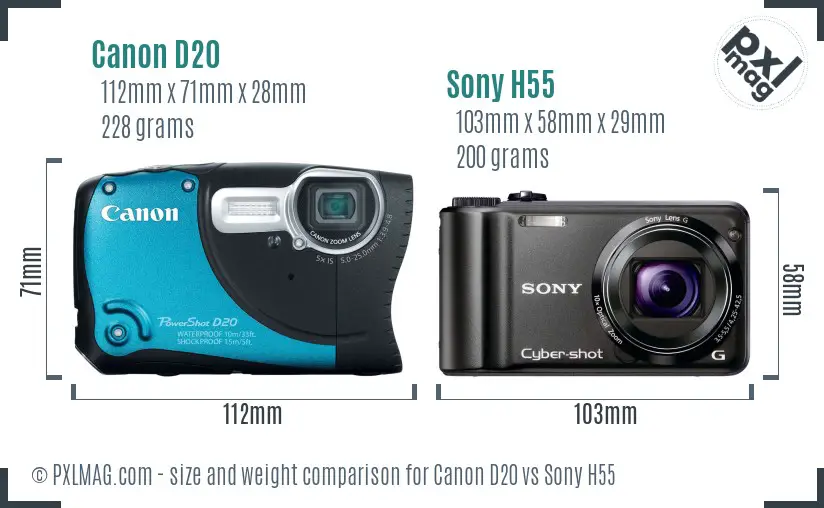 Canon D20 vs Sony H55 size comparison