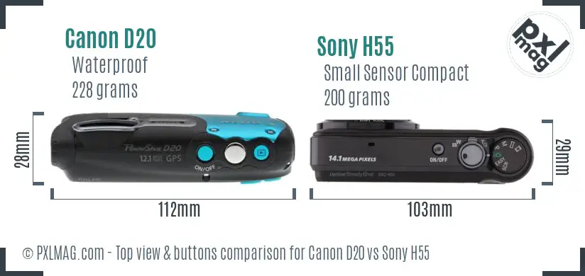 Canon D20 vs Sony H55 top view buttons comparison