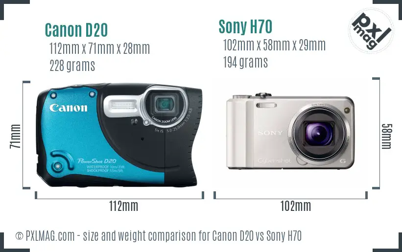 Canon D20 vs Sony H70 size comparison