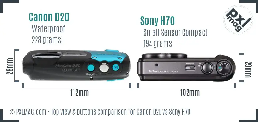 Canon D20 vs Sony H70 top view buttons comparison