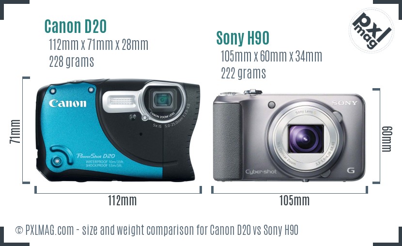 Canon D20 vs Sony H90 size comparison