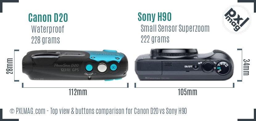 Canon D20 vs Sony H90 top view buttons comparison
