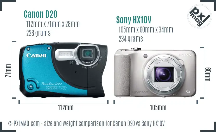 Canon D20 vs Sony HX10V size comparison