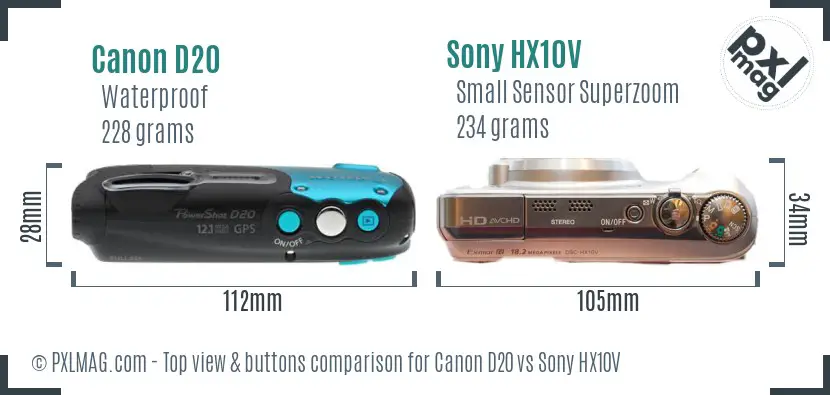 Canon D20 vs Sony HX10V top view buttons comparison