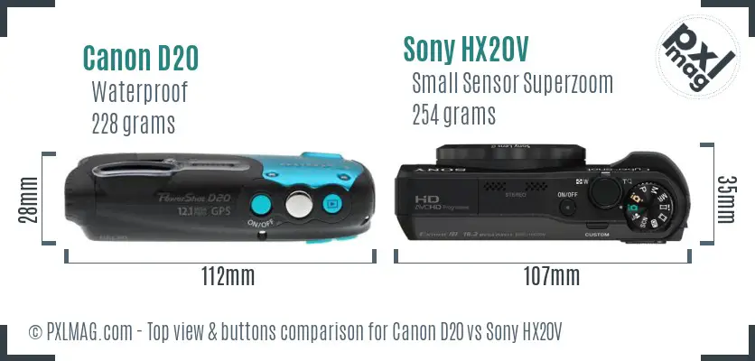 Canon D20 vs Sony HX20V top view buttons comparison Canon D20 vs Sony HX20V top view buttons comparison