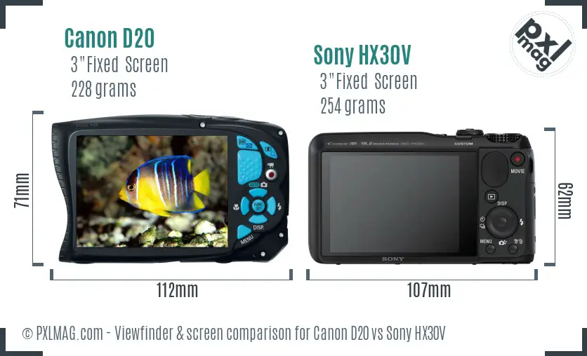 Canon D20 vs Sony HX30V Screen and Viewfinder comparison