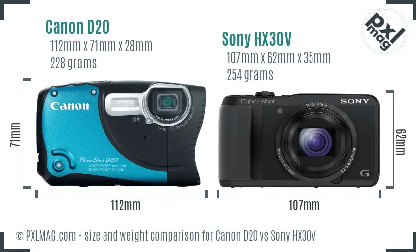 Canon D20 vs Sony HX30V size comparison