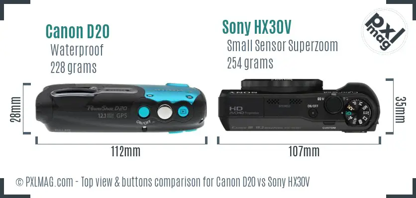 Canon D20 vs Sony HX30V top view buttons comparison