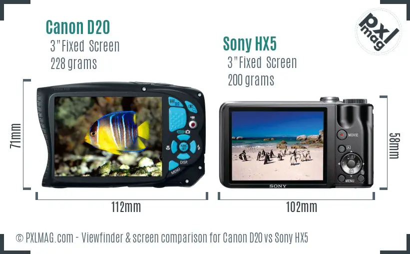 Canon D20 vs Sony HX5 Screen and Viewfinder comparison