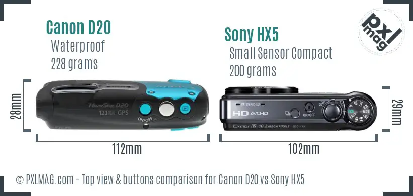 Canon D20 vs Sony HX5 top view buttons comparison