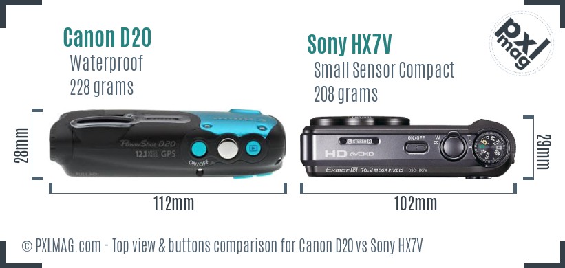 Canon D20 vs Sony HX7V top view buttons comparison