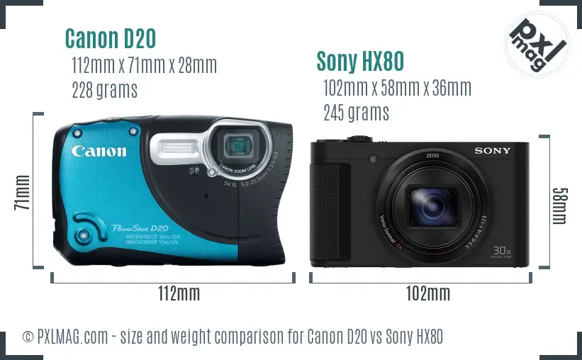 Canon D20 vs Sony HX80 size comparison