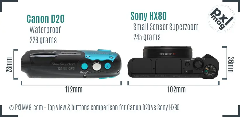 Canon D20 vs Sony HX80 top view buttons comparison