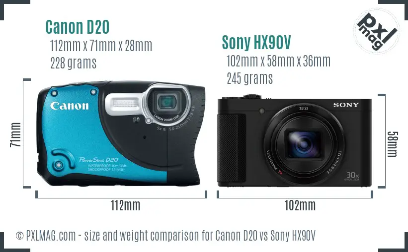 Canon D20 vs Sony HX90V size comparison