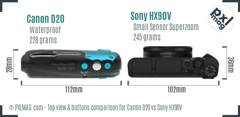 Canon D20 vs Sony HX90V top view buttons comparison