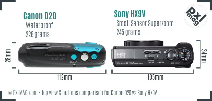 Canon D20 vs Sony HX9V top view buttons comparison Canon D20 vs Sony HX9V top view buttons comparison