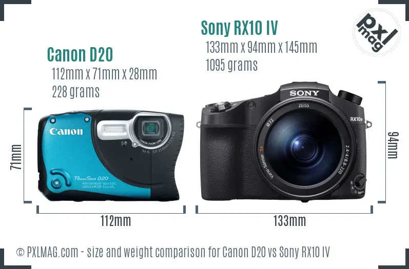 Canon D20 vs Sony RX10 IV size comparison