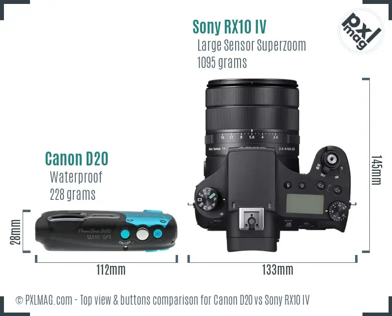 Canon D20 vs Sony RX10 IV top view buttons comparison