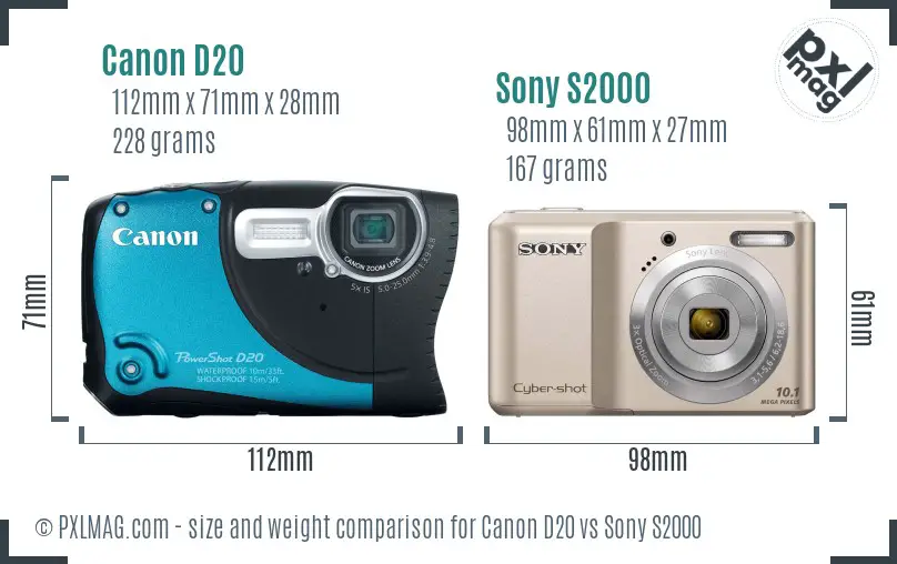 Canon D20 vs Sony S2000 size comparison