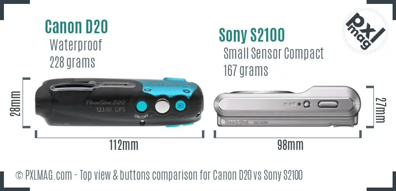 Canon D20 vs Sony S2100 top view buttons comparison