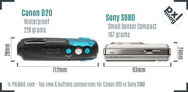 Canon D20 vs Sony S980 top view buttons comparison