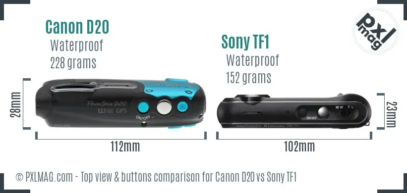 Canon D20 vs Sony TF1 top view buttons comparison Canon D20 vs Sony TF1 top view buttons comparison