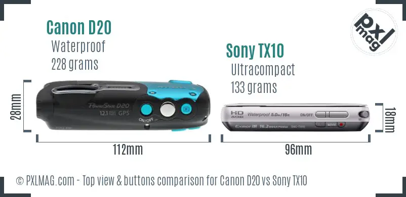 Canon D20 vs Sony TX10 top view buttons comparison