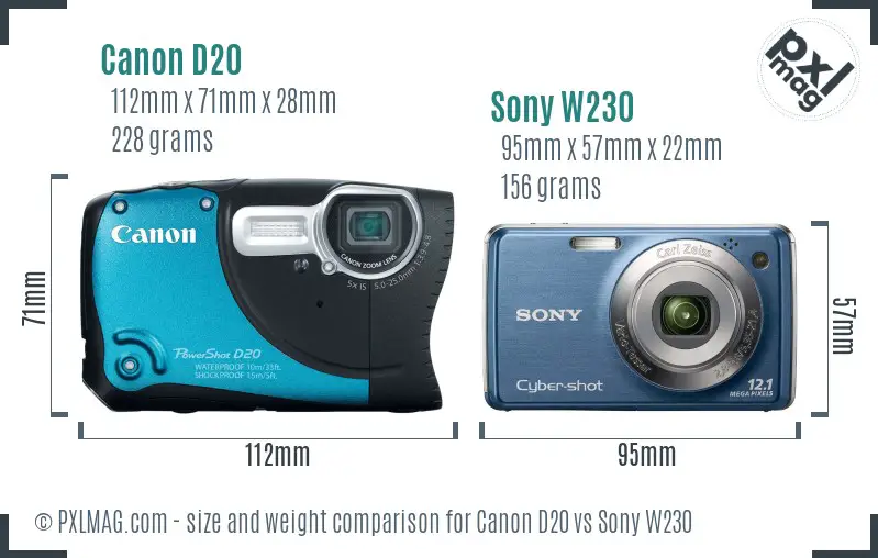 Canon D20 vs Sony W230 size comparison