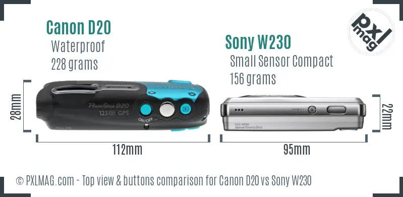 Canon D20 vs Sony W230 top view buttons comparison