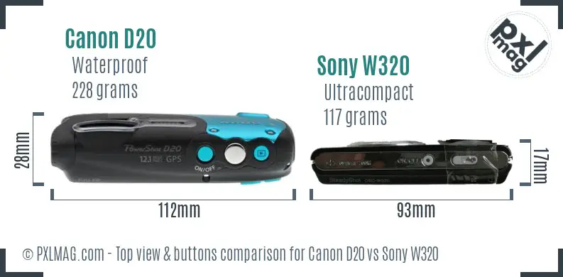 Canon D20 vs Sony W320 top view buttons comparison