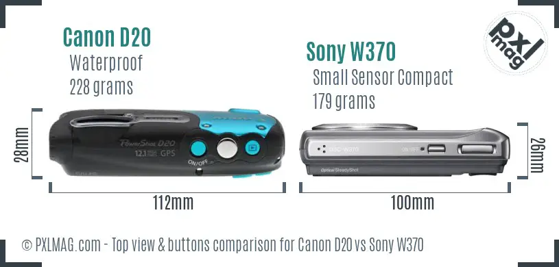Canon D20 vs Sony W370 top view buttons comparison Canon D20 vs Sony W370 top view buttons comparison