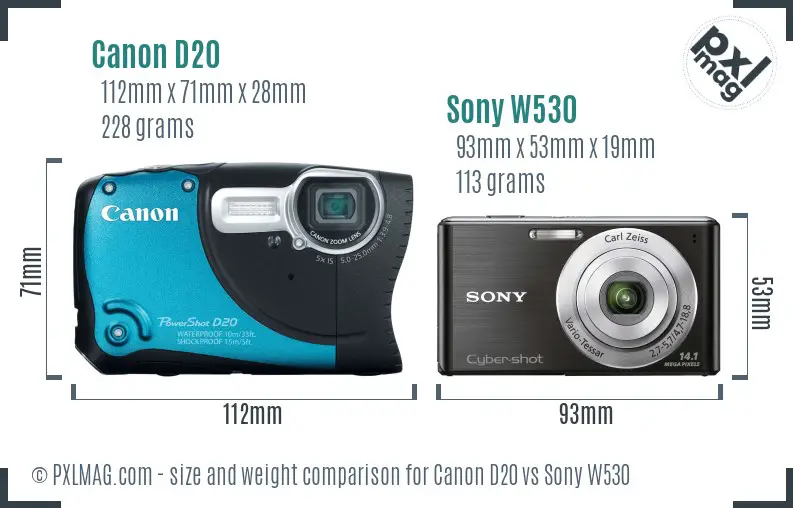 Canon D20 vs Sony W530 size comparison
