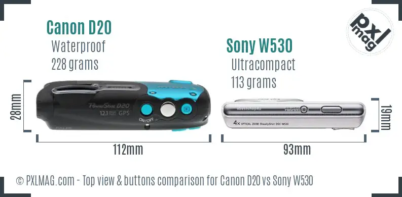 Canon D20 vs Sony W530 top view buttons comparison