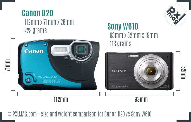 Canon D20 vs Sony W610 size comparison