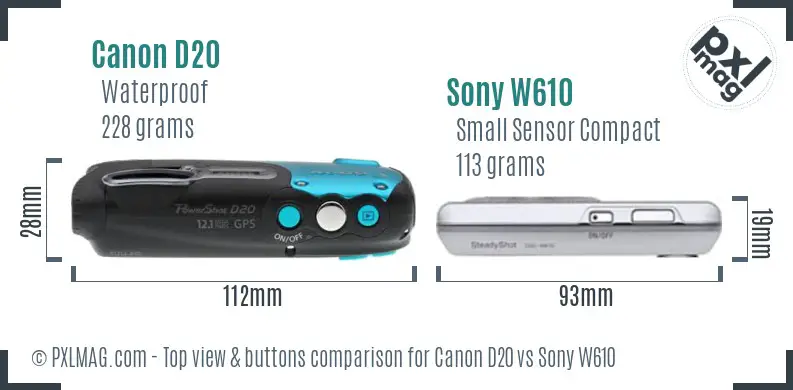 Canon D20 vs Sony W610 top view buttons comparison