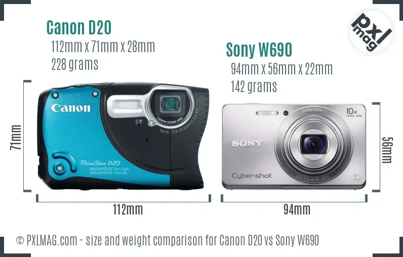 Canon D20 vs Sony W690 size comparison
