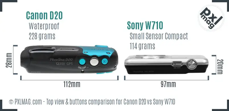 Canon D20 vs Sony W710 top view buttons comparison