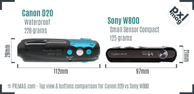 Canon D20 vs Sony W800 top view buttons comparison