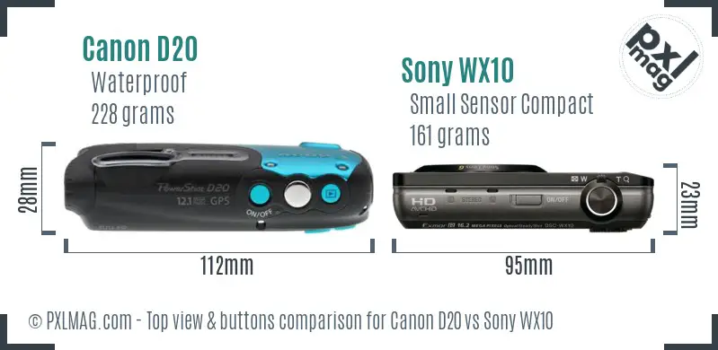 Canon D20 vs Sony WX10 top view buttons comparison