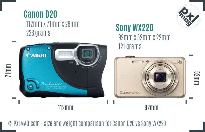 Canon D20 vs Sony WX220 size comparison