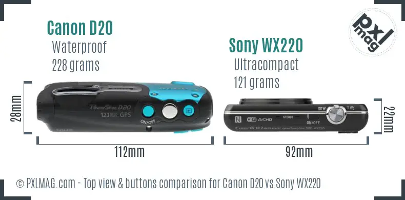 Canon D20 vs Sony WX220 top view buttons comparison