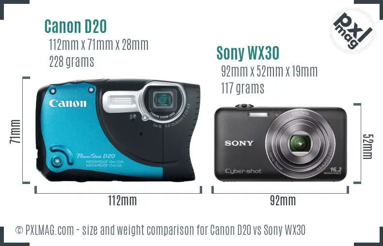 Canon D20 vs Sony WX30 size comparison