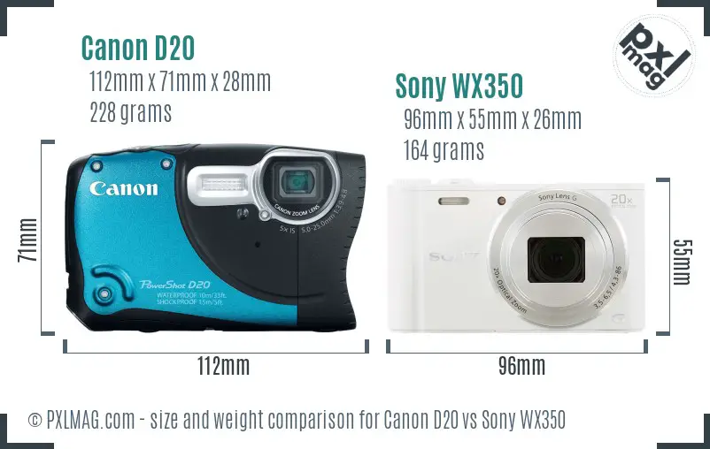 Canon D20 vs Sony WX350 size comparison