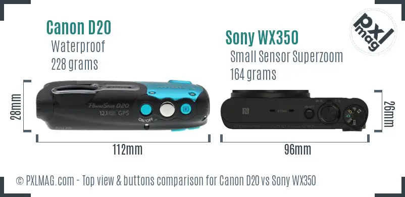 Canon D20 vs Sony WX350 top view buttons comparison